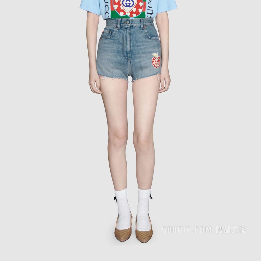 心苹果图案牛仔短裤 浅蓝色