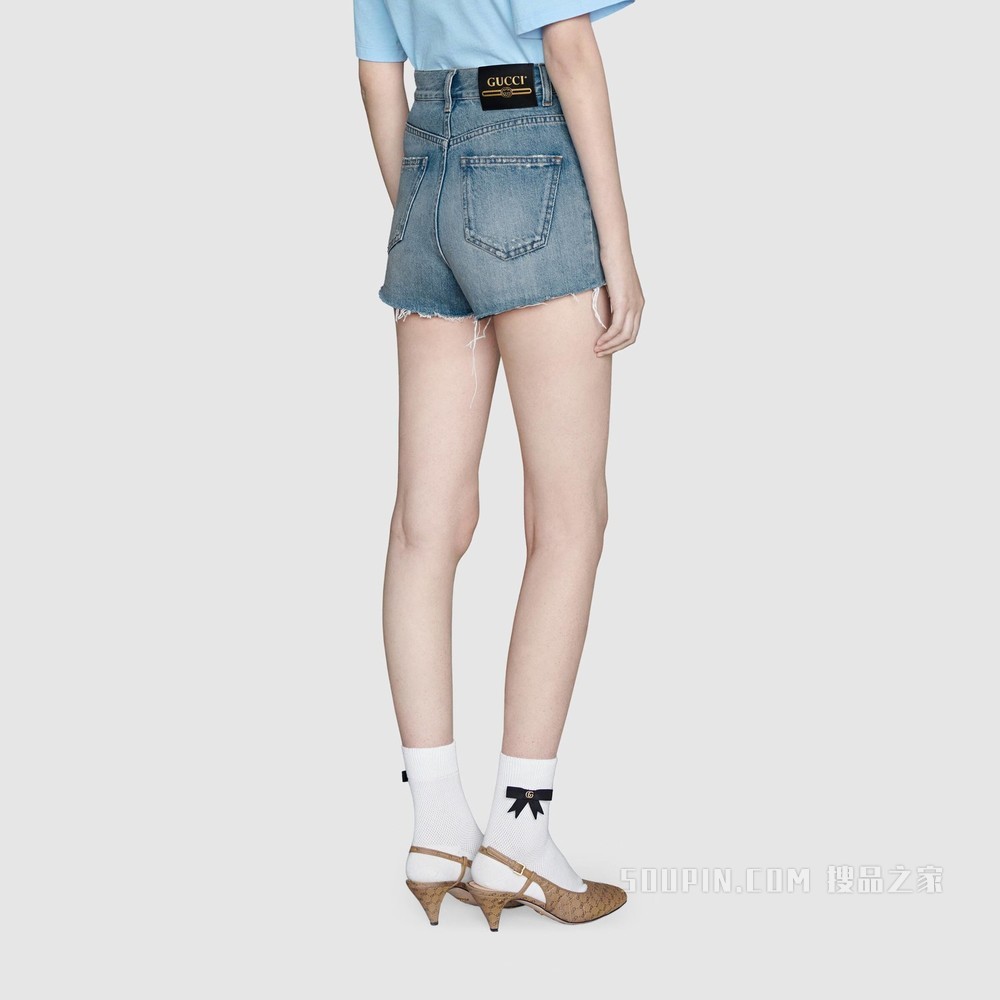 心苹果图案牛仔短裤 浅蓝色