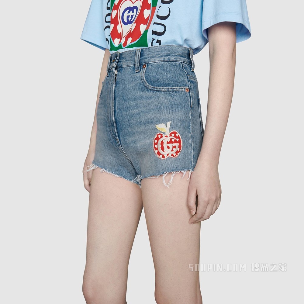 心苹果图案牛仔短裤 浅蓝色