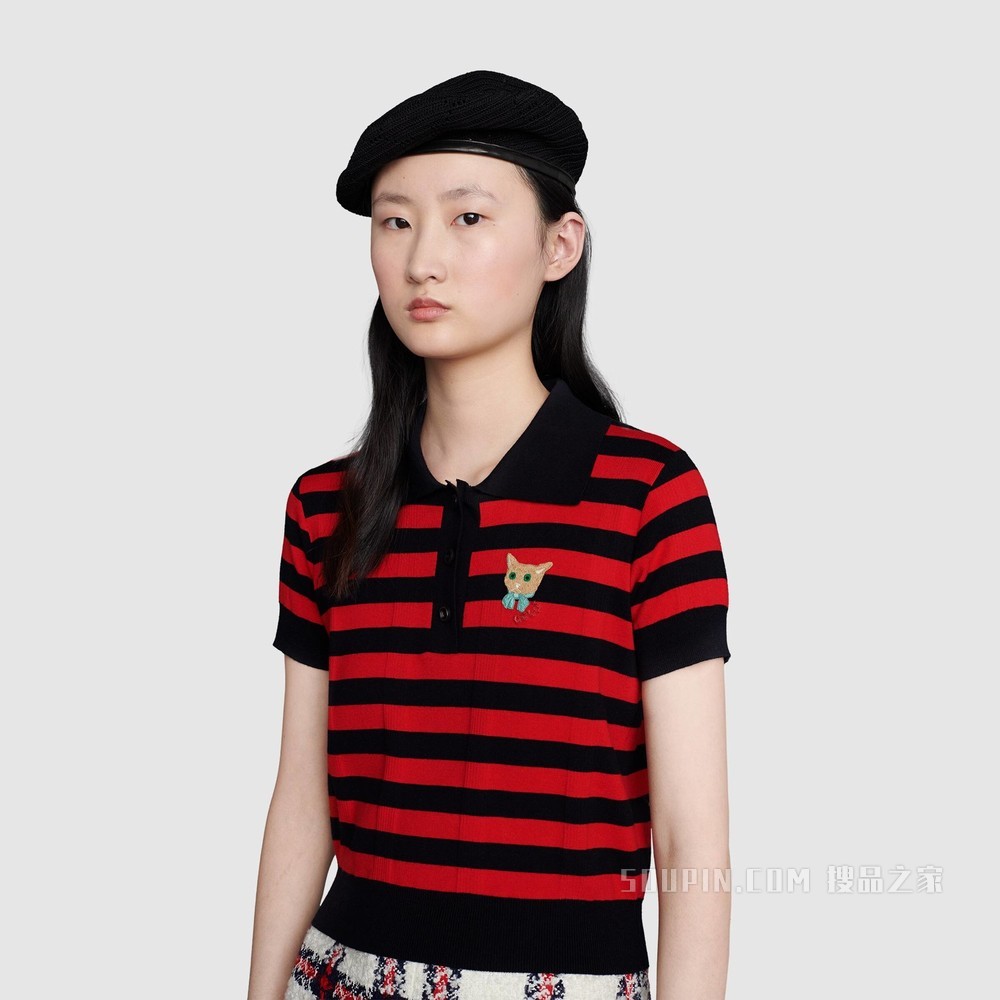 条纹针织棉Polo衫 蓝色和红色