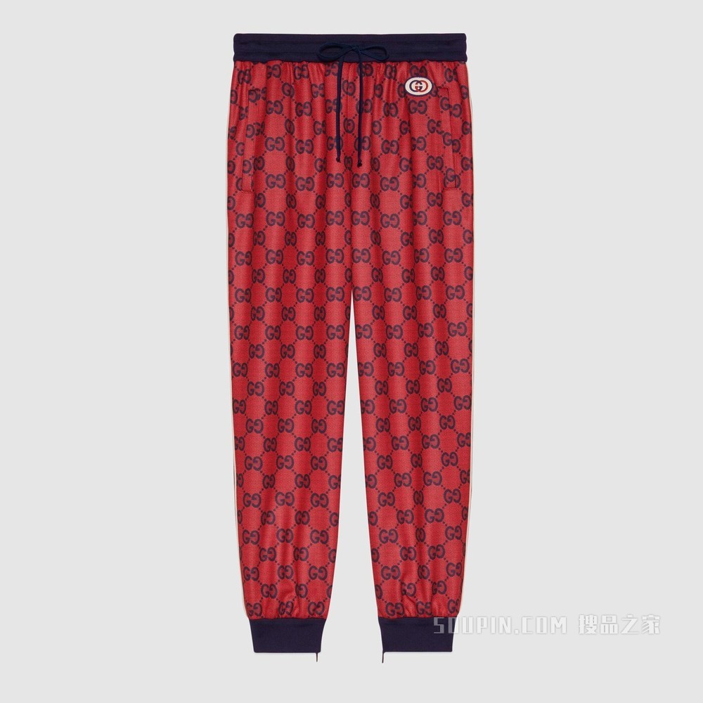古驰520特别系列双G平纹针织慢跑长裤 红色和蓝色