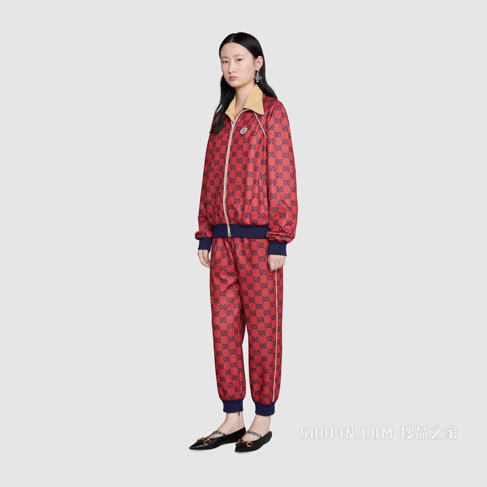 古驰520特别系列双G平纹针织慢跑长裤 红色和蓝色