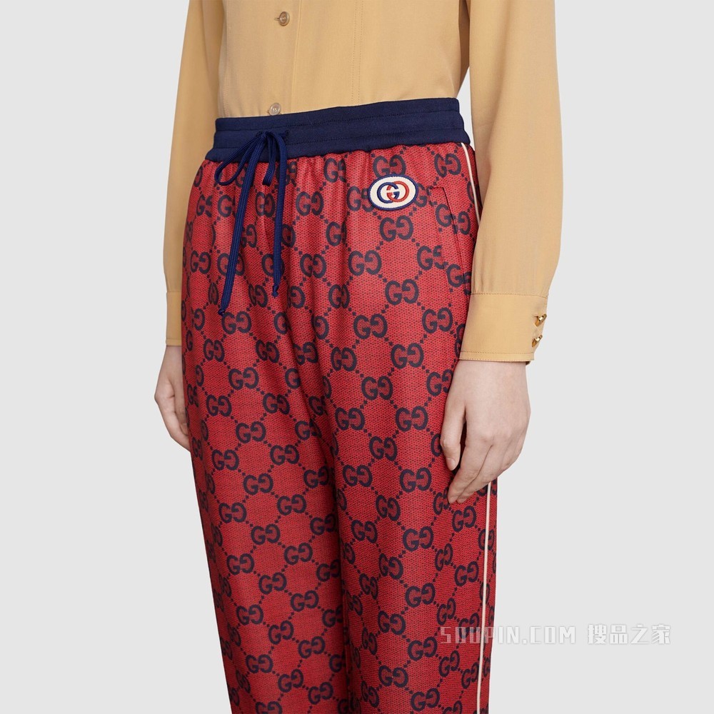 古驰520特别系列双G平纹针织慢跑长裤 红色和蓝色