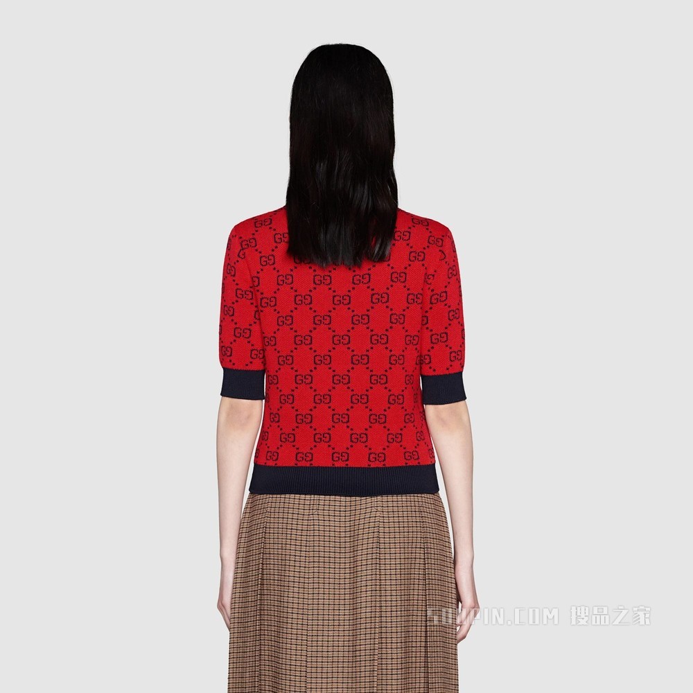 古驰520特别系列双G提花棉毛混纺上衣 亮红色和蓝色