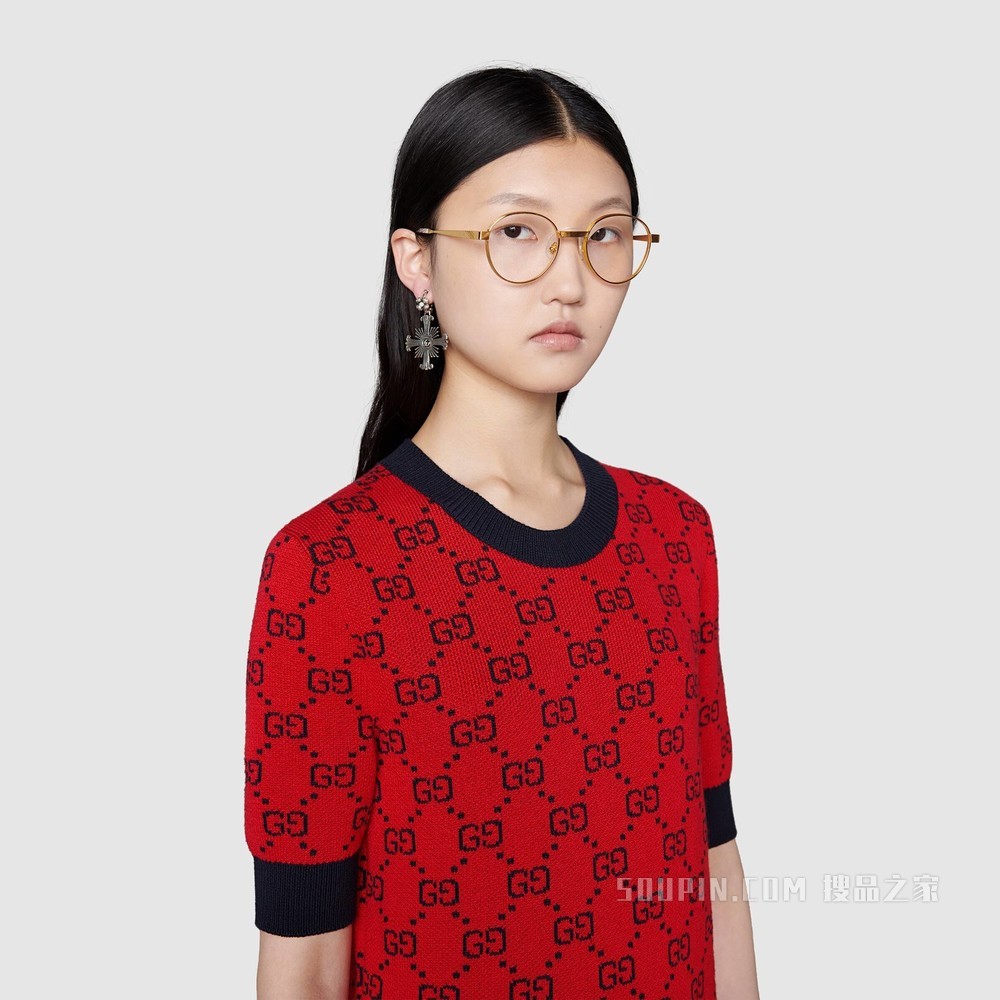 古驰520特别系列双G提花棉毛混纺上衣 亮红色和蓝色