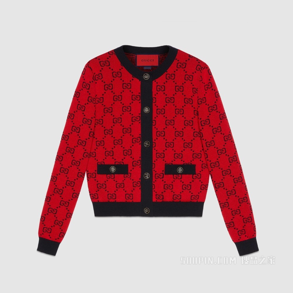 古驰520特别系列双G提花棉毛混纺开衫 亮红色和蓝色