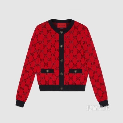 古驰520特别系列双G提花棉毛混纺开衫 亮红色和蓝色