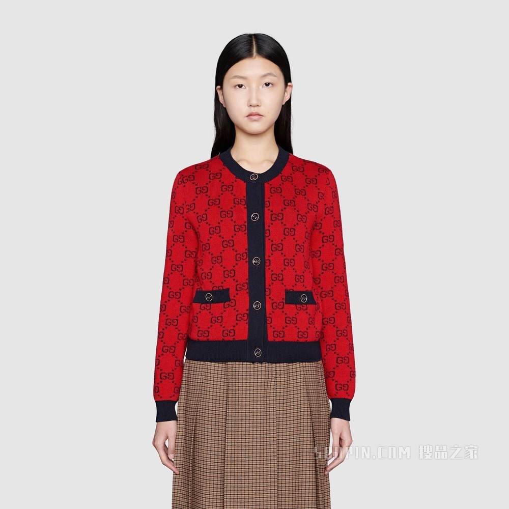 古驰520特别系列双G提花棉毛混纺开衫 亮红色和蓝色