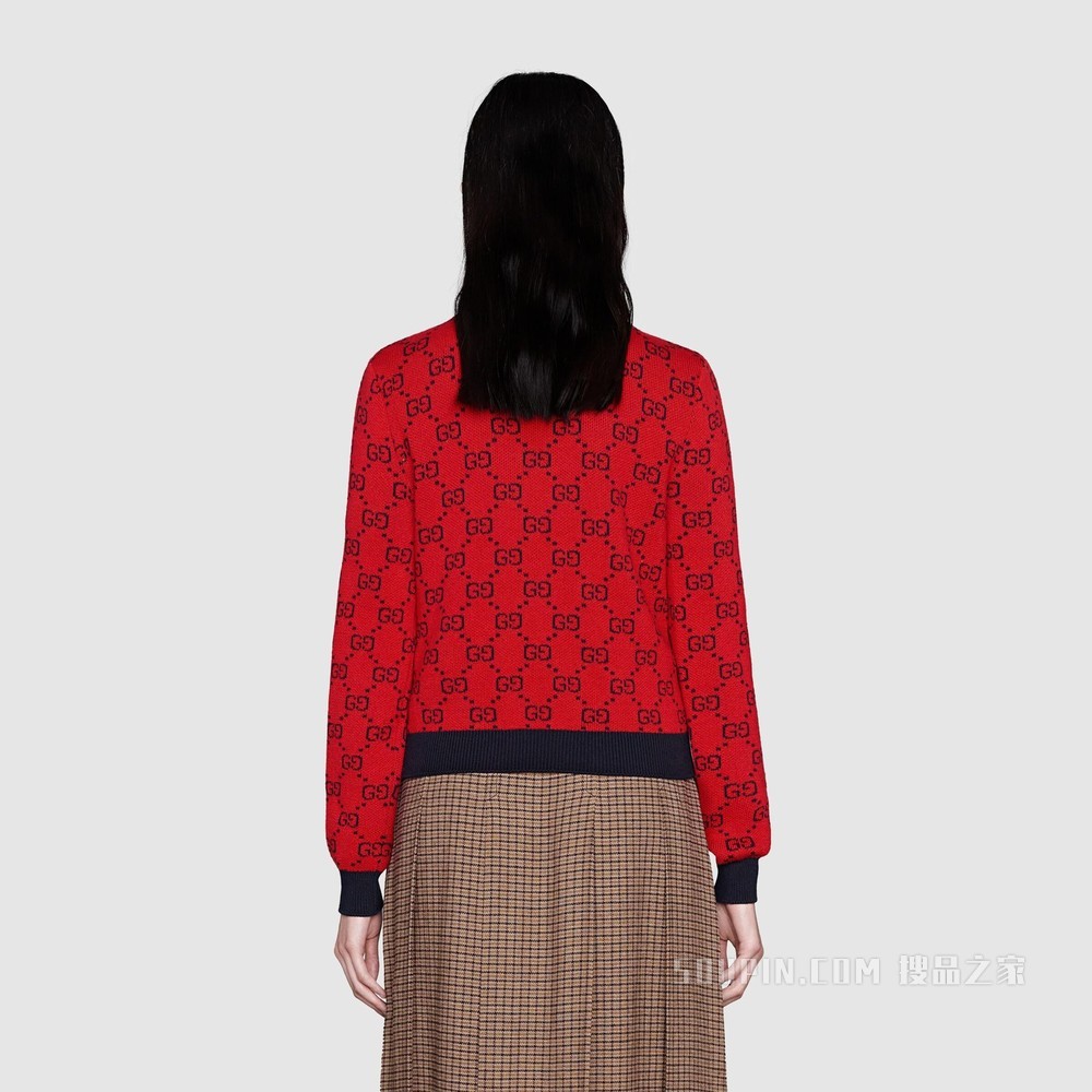 古驰520特别系列双G提花棉毛混纺开衫 亮红色和蓝色