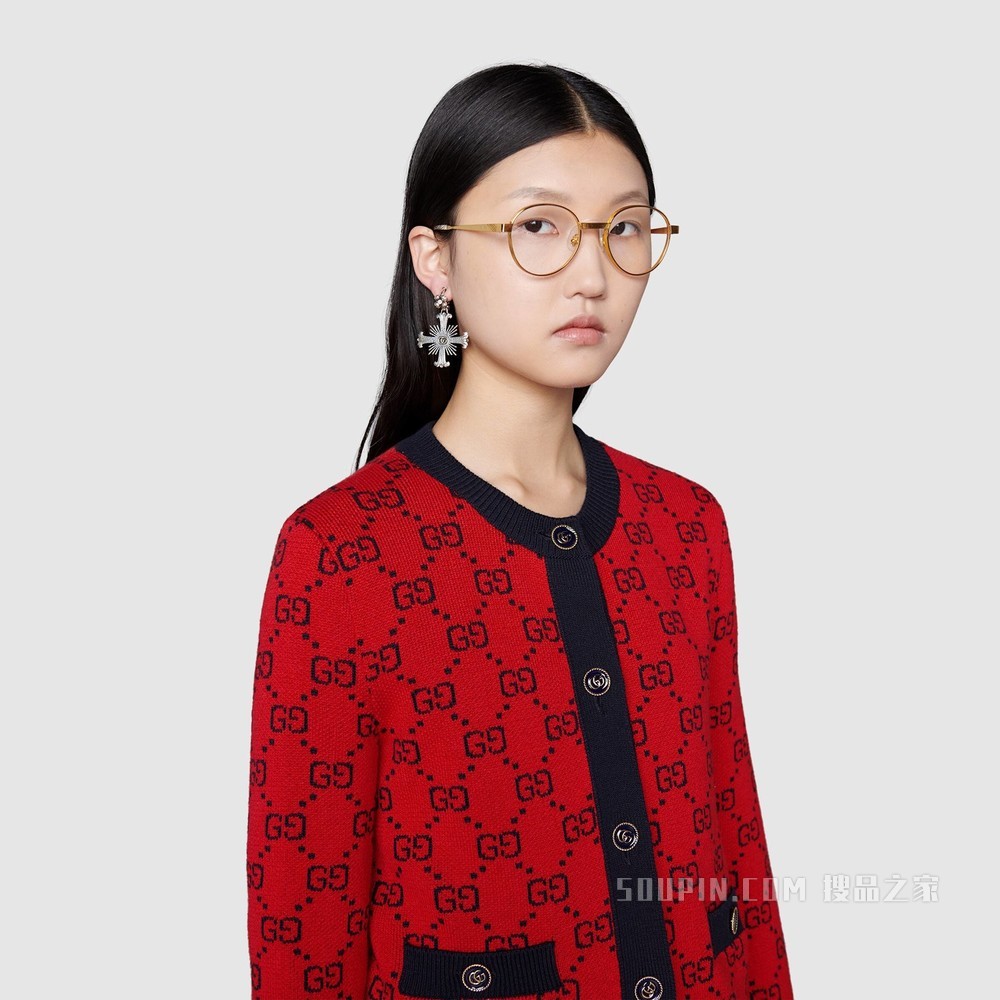古驰520特别系列双G提花棉毛混纺开衫 亮红色和蓝色