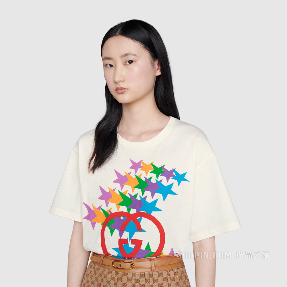 古驰520特别系列互扣式双G星耀印花T恤 象牙白