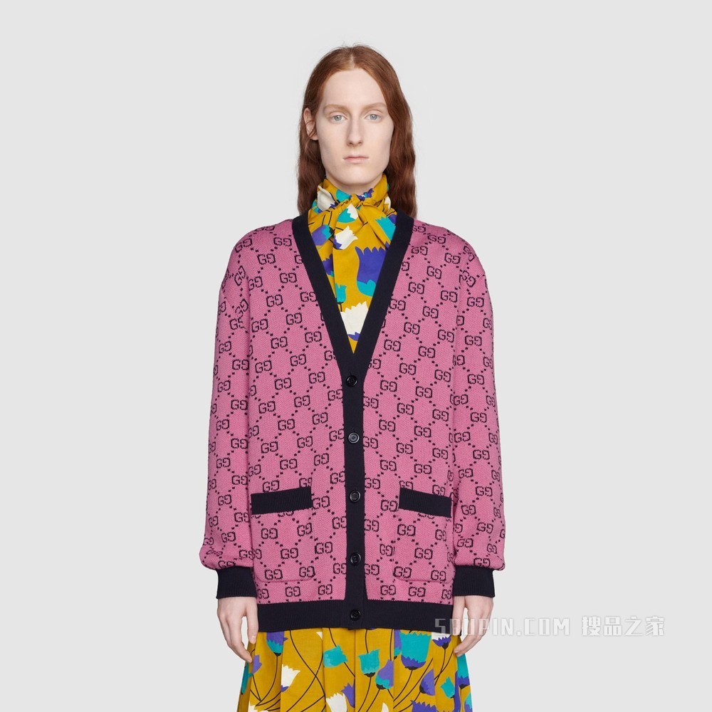 GG Multicolor系列棉毛混纺开衫 粉色和蓝色