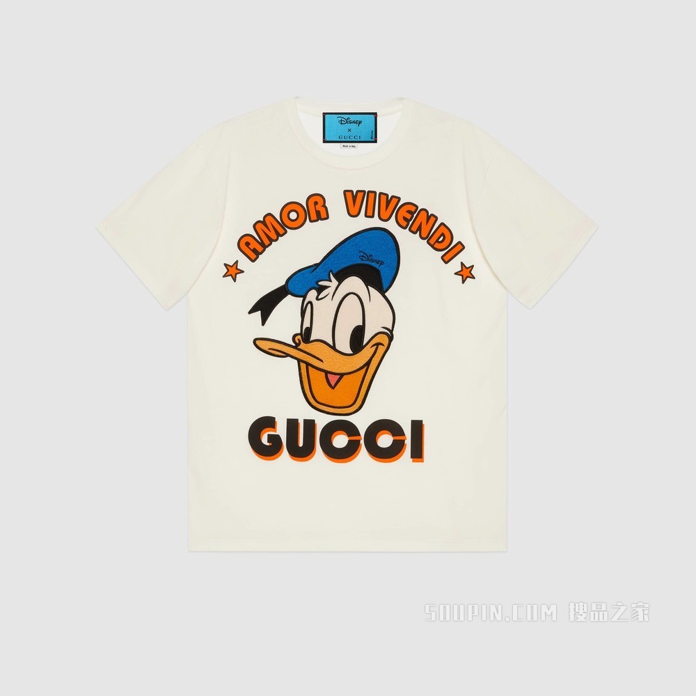 Disney x Gucci唐老鸭刺绣棉质T恤 象牙白色