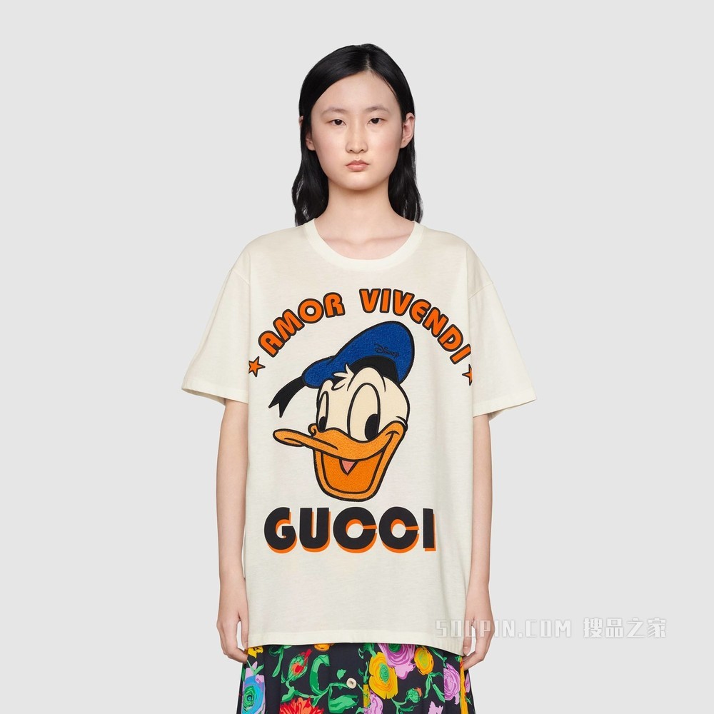 Disney x Gucci唐老鸭刺绣棉质T恤 象牙白色
