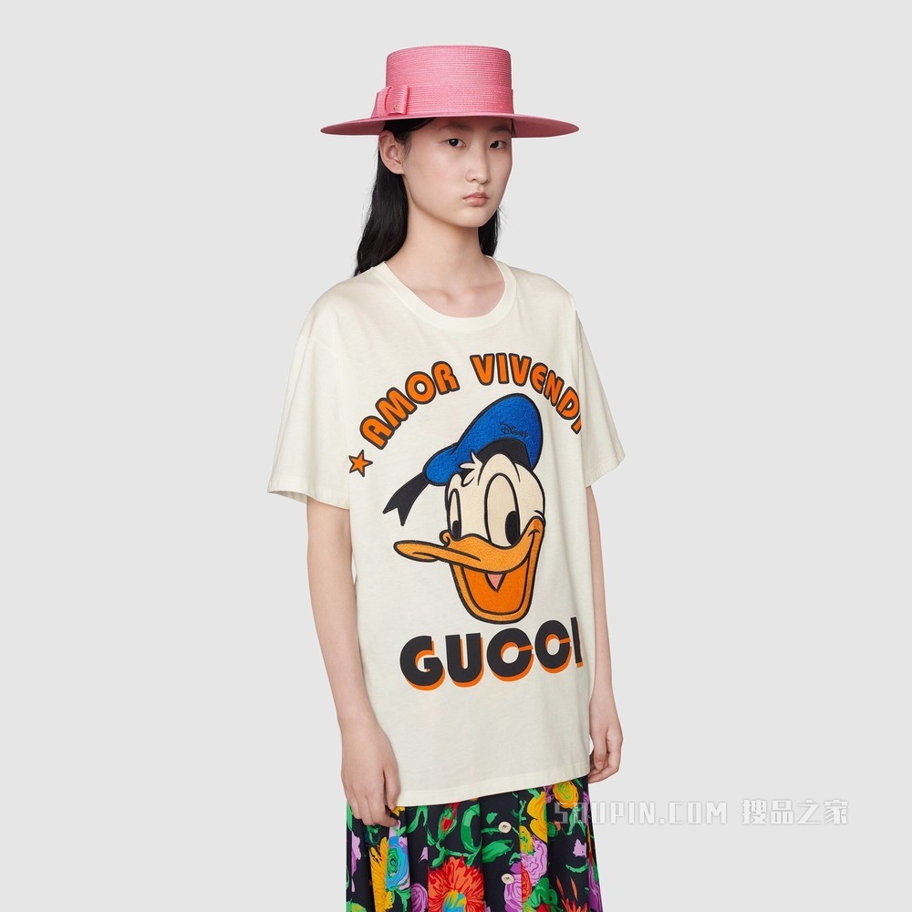 Disney x Gucci唐老鸭刺绣棉质T恤 象牙白色