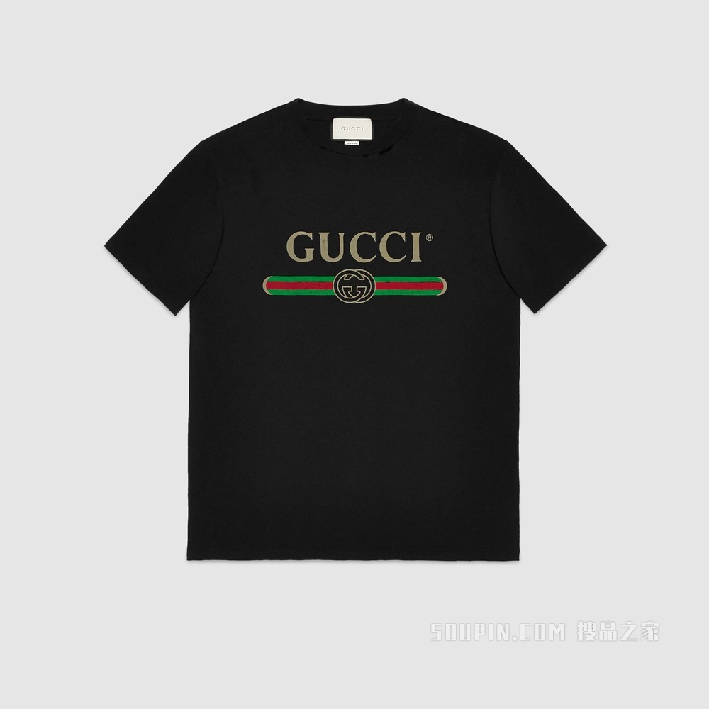 Gucci标识印花超大造型T恤 黑色针织棉