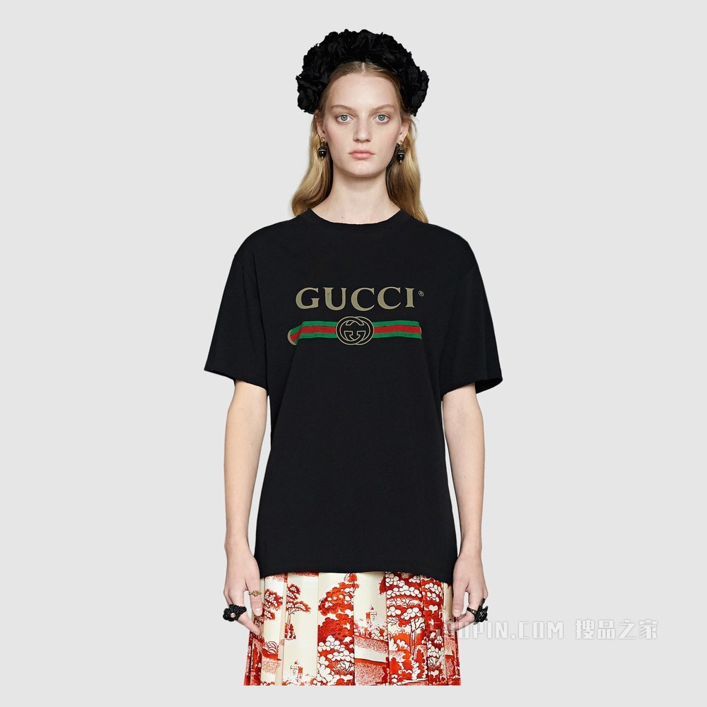 Gucci标识印花超大造型T恤 黑色针织棉