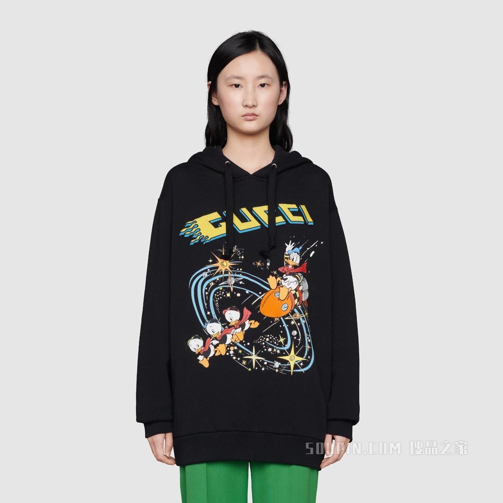 Disney x Gucci唐老鸭印花兜帽卫衣 黑色