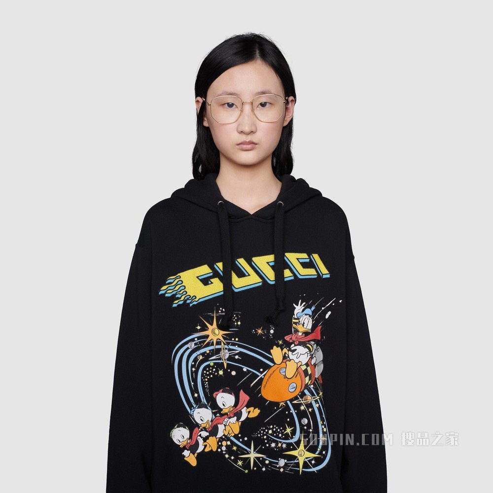 Disney x Gucci唐老鸭印花兜帽卫衣 黑色