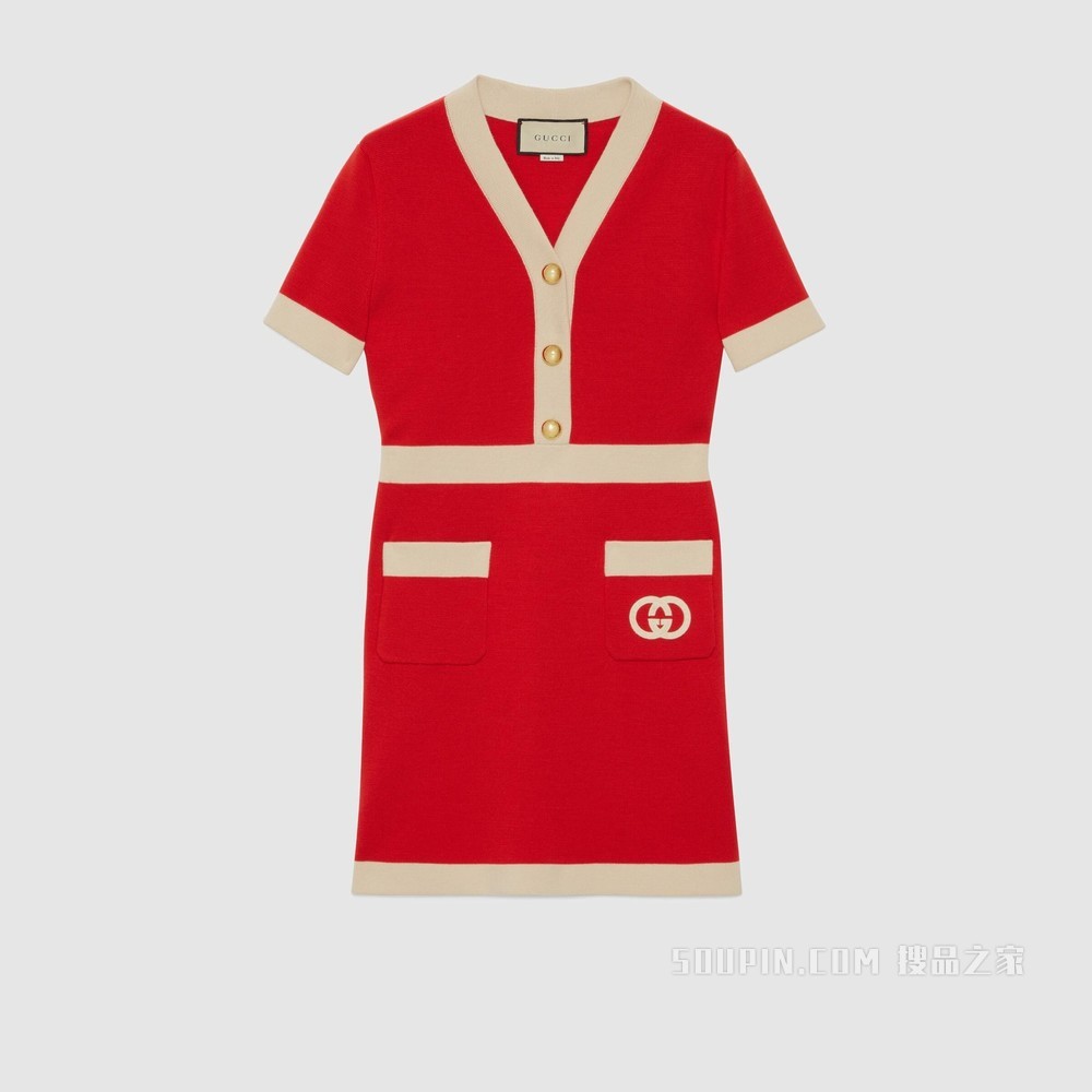 互扣式双G羊毛连衣裙 红色羊毛