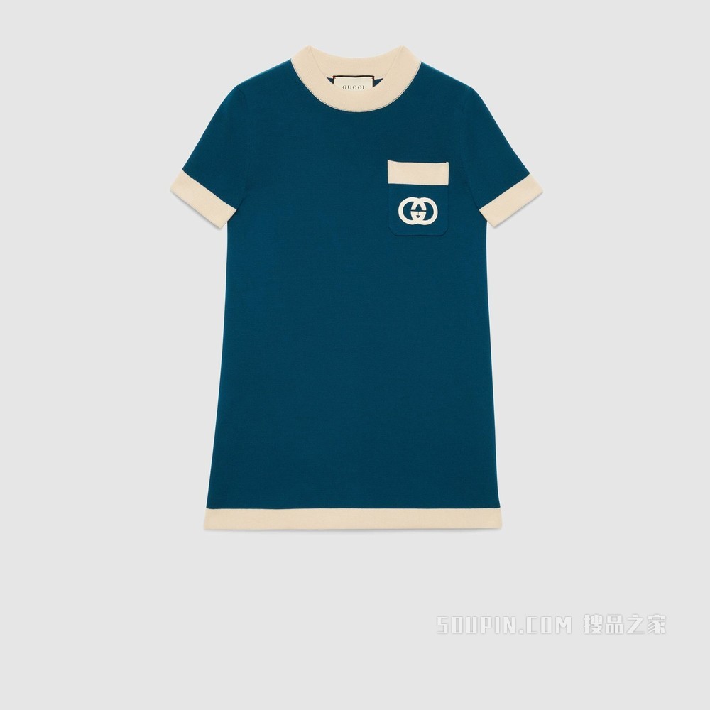 互扣式双G羊毛连衣裙 蓝色羊毛