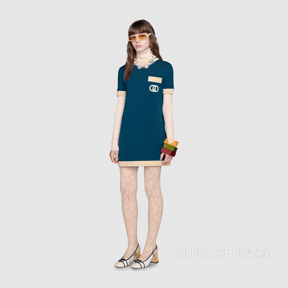 互扣式双G羊毛连衣裙 蓝色羊毛