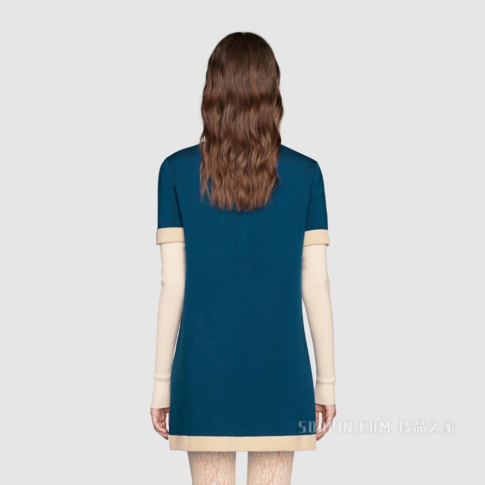 互扣式双G羊毛连衣裙 蓝色羊毛