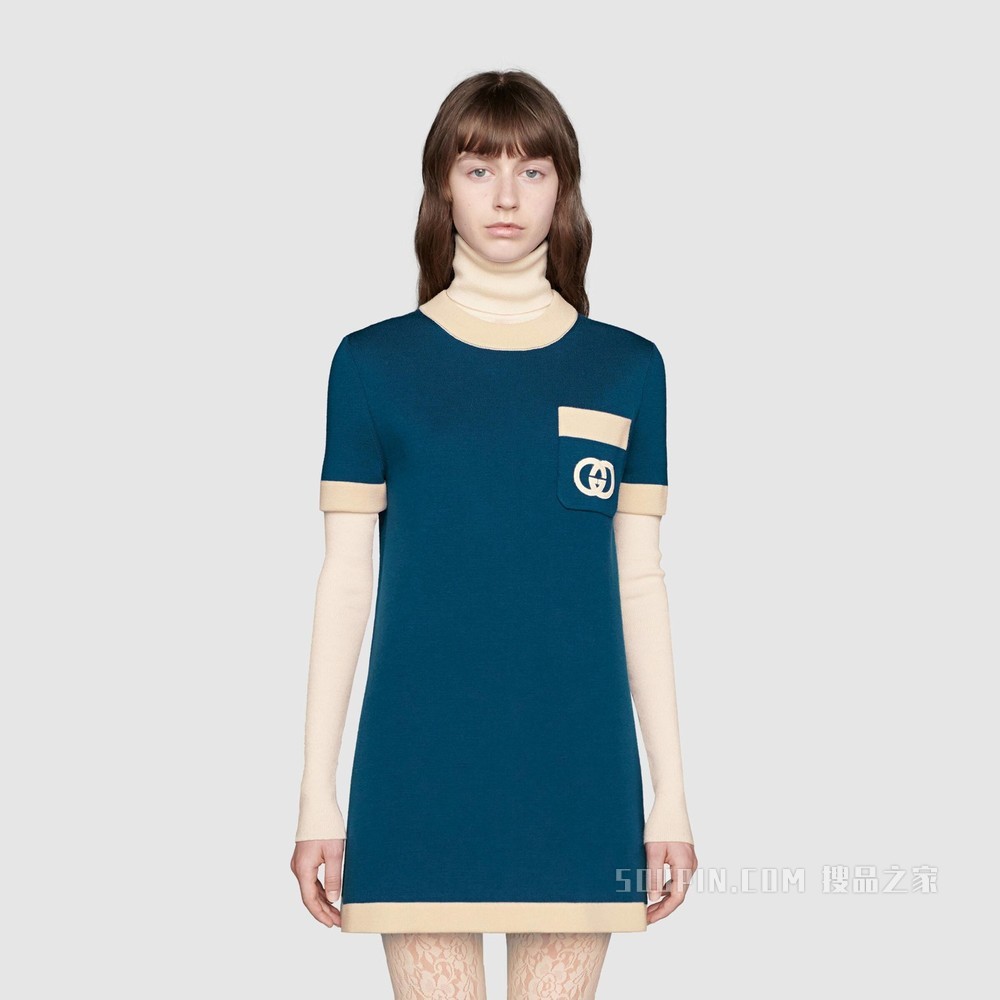 互扣式双G羊毛连衣裙 蓝色羊毛