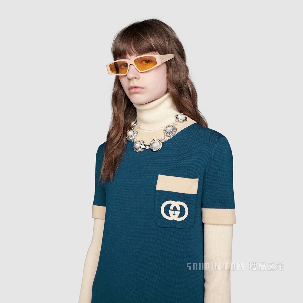 互扣式双G羊毛连衣裙 蓝色羊毛