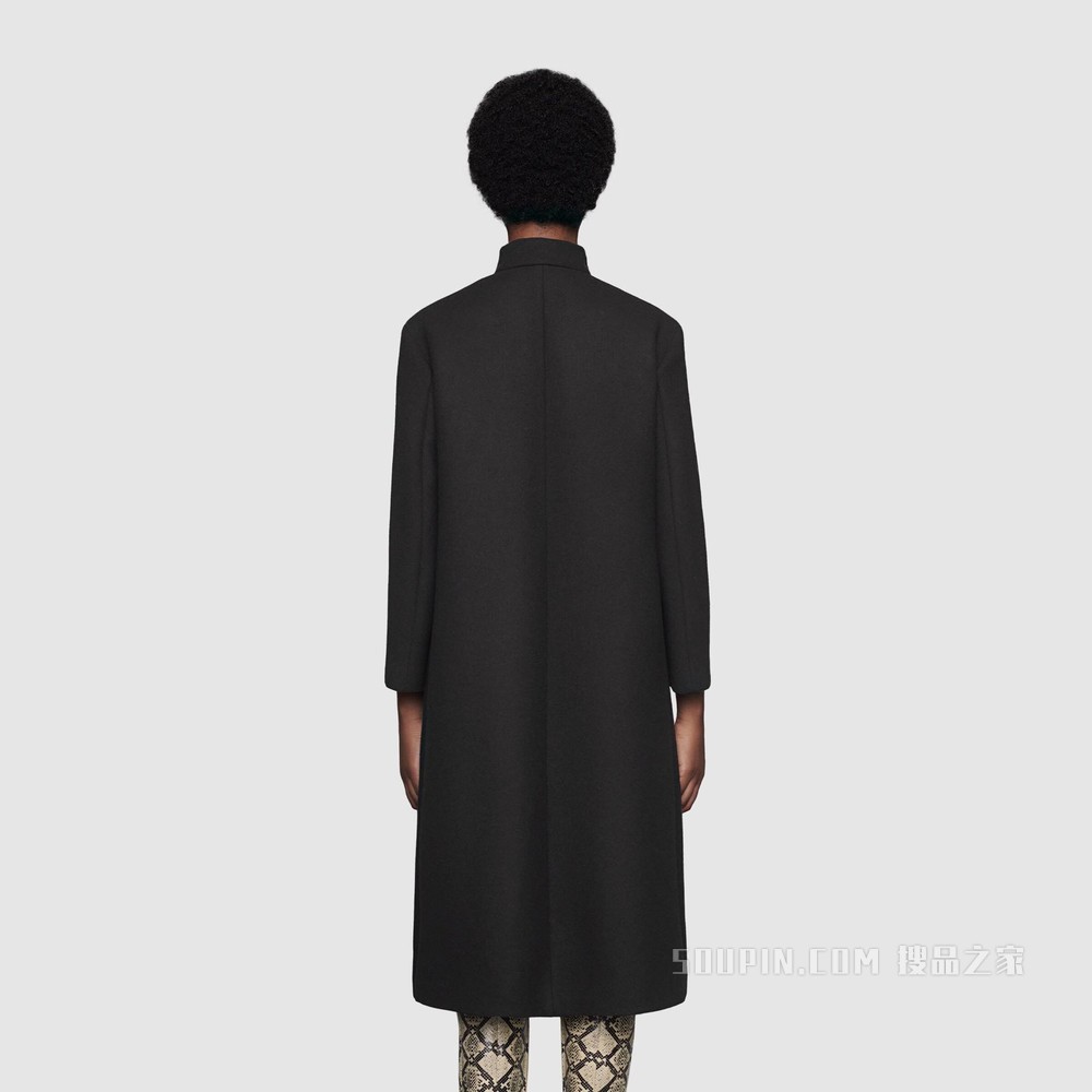 饰皮革细节羊毛大衣 黑色