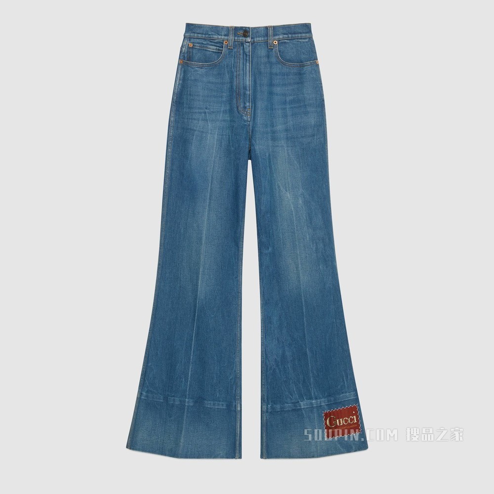 Gucci标签水洗牛仔布喇叭裤 蓝色牛仔布