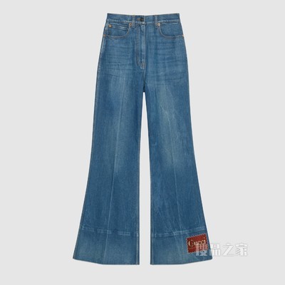 Gucci标签水洗牛仔布喇叭裤 蓝色牛仔布