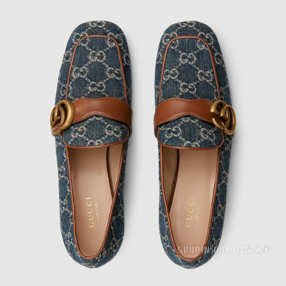 GG Denim系列女士双G乐福鞋 蓝色和象牙白色双G提花丹宁面料