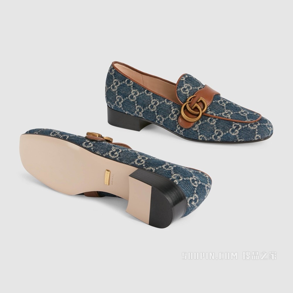 GG Denim系列女士双G乐福鞋 蓝色和象牙白色双G提花丹宁面料