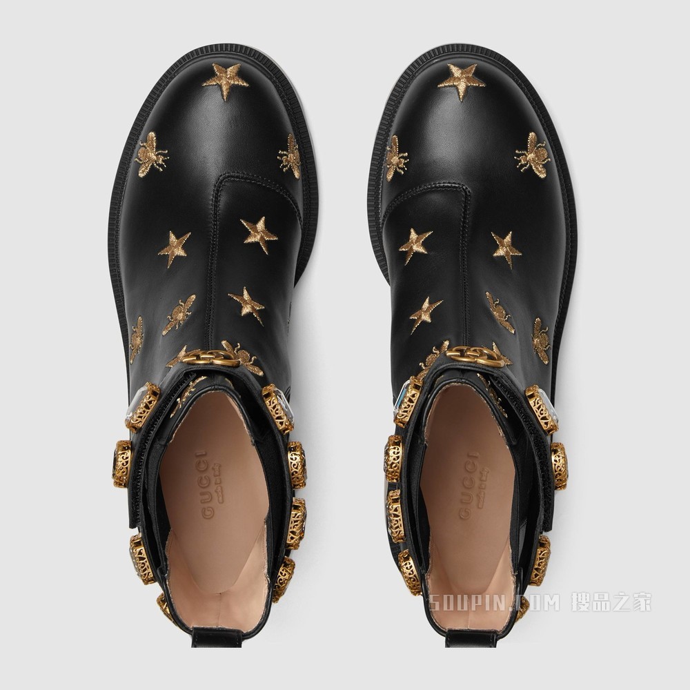 刺绣皮革饰带踝靴 黑色皮革