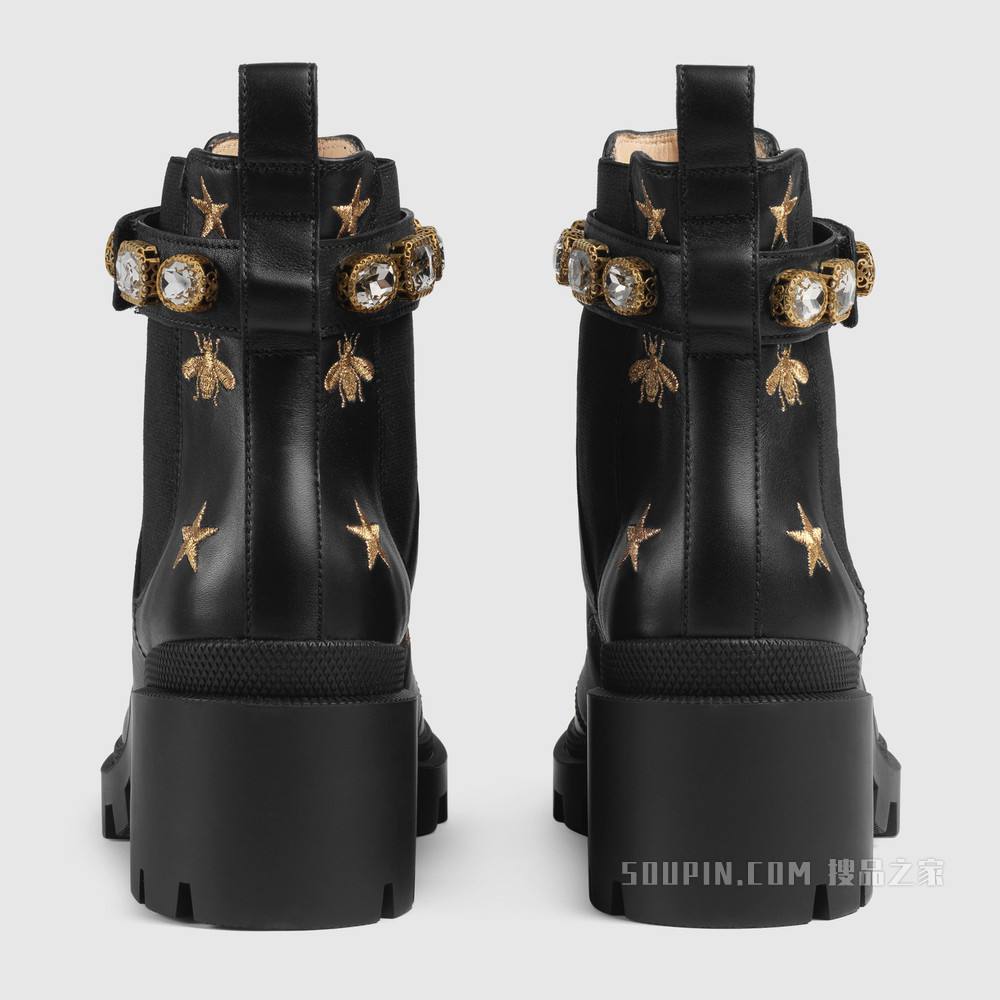 刺绣皮革饰带踝靴 黑色皮革