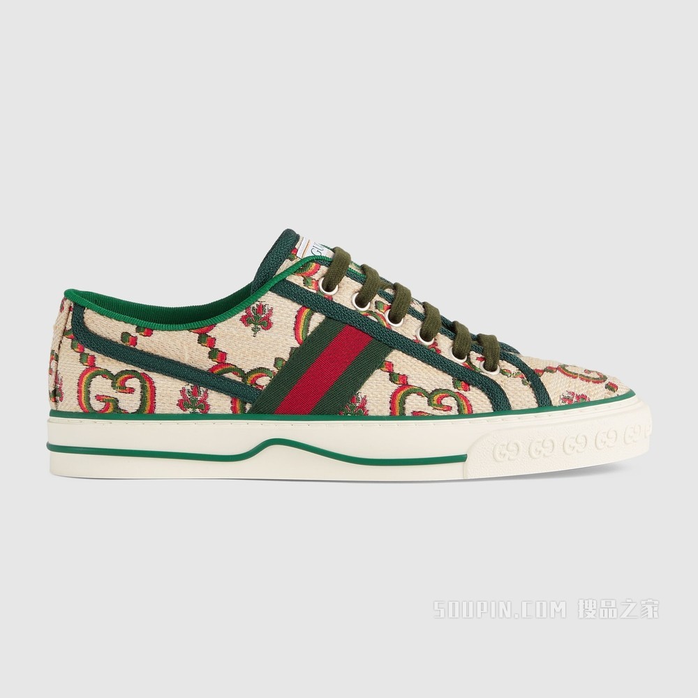 Gucci 100特别系列Tennis 1977女士运动鞋 米色和绿色提花