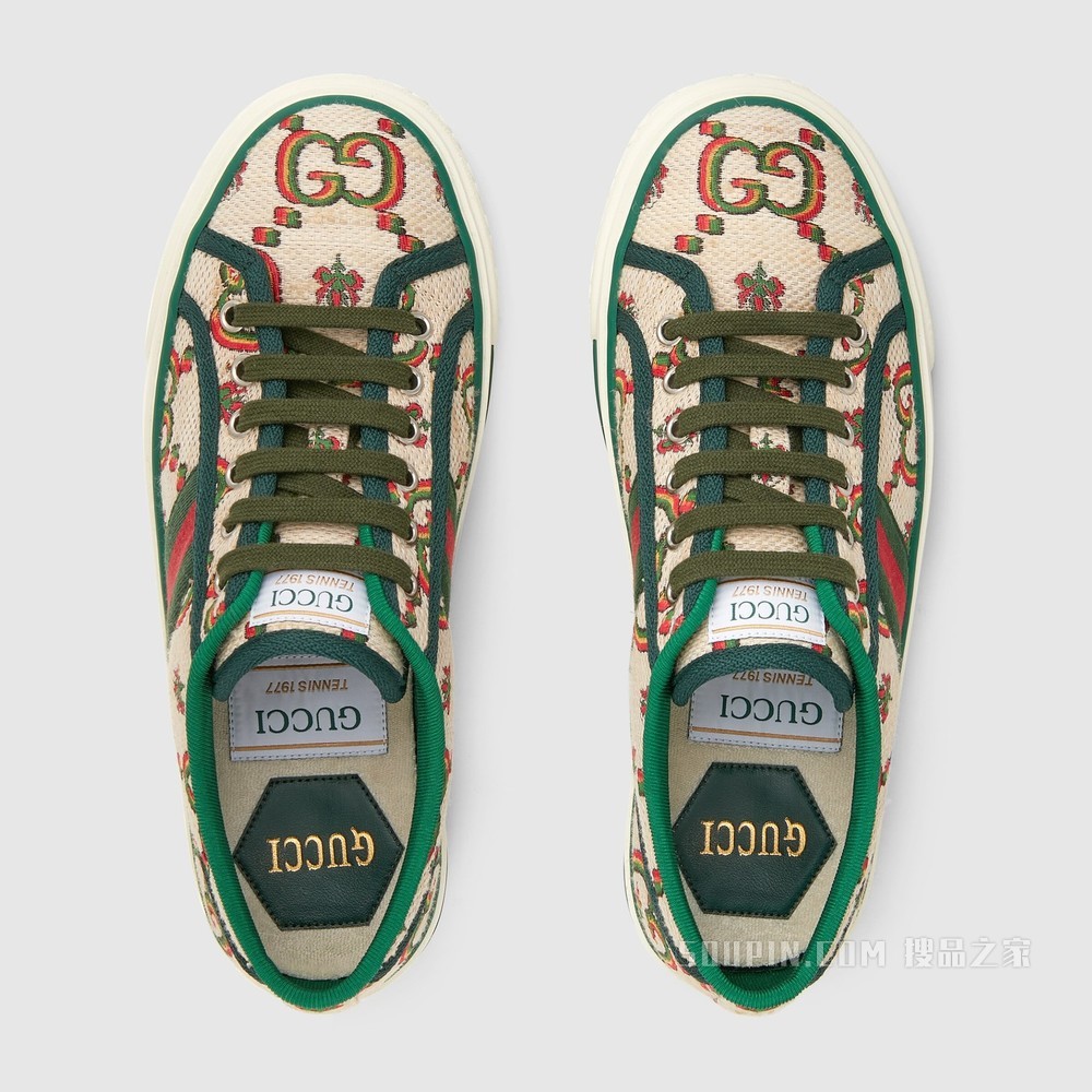 Gucci 100特别系列Tennis 1977女士运动鞋 米色和绿色提花