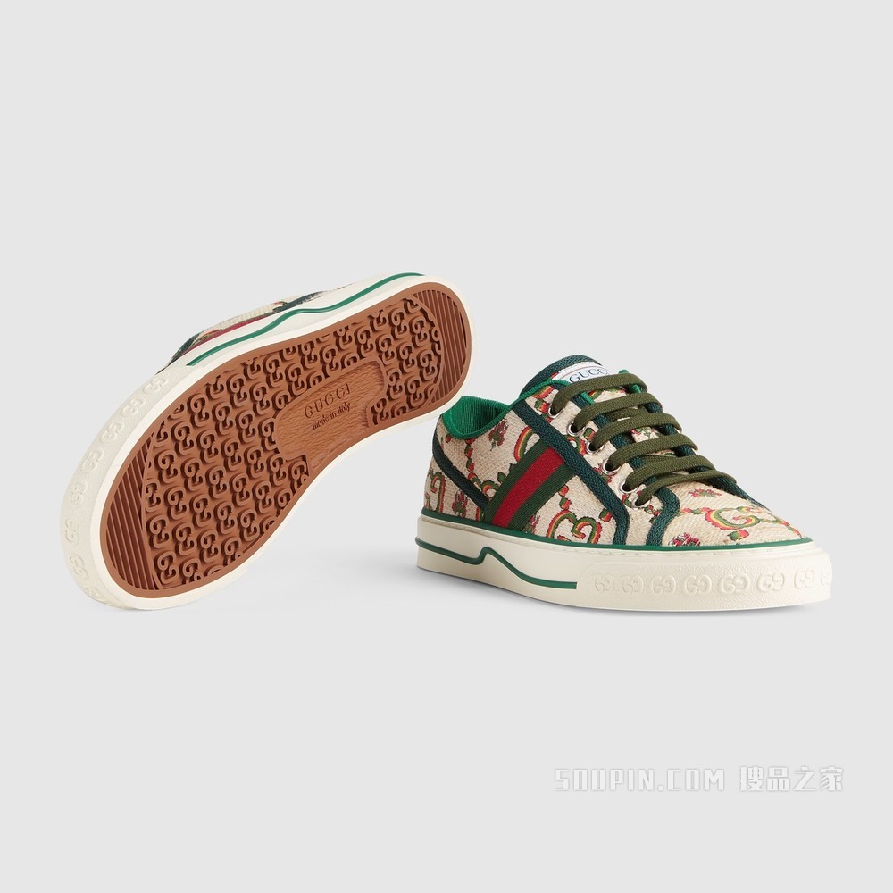 Gucci 100特别系列Tennis 1977女士运动鞋 米色和绿色提花