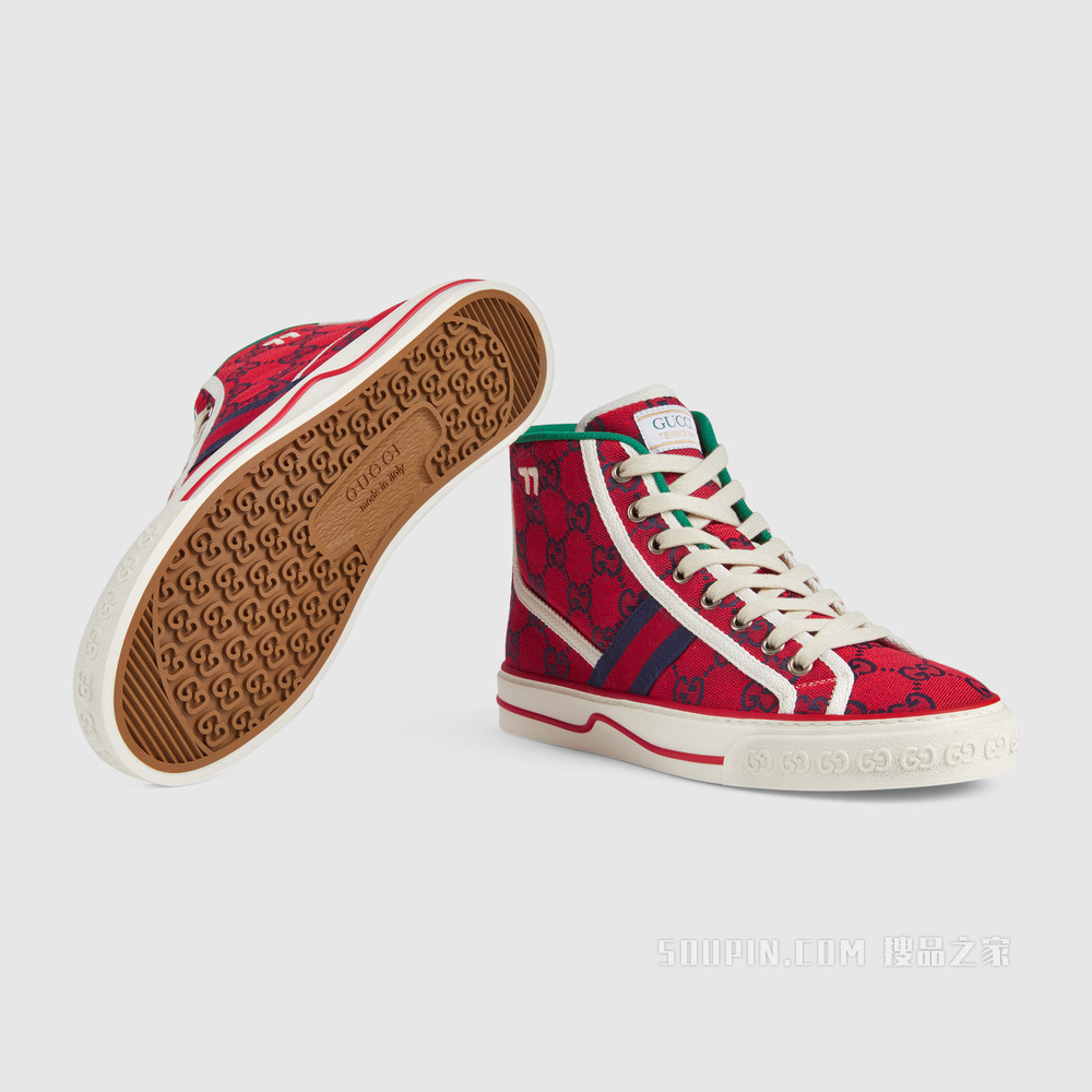 古驰520特别系列Tennis 1977女士高帮运动鞋 红色和蓝色GG帆布