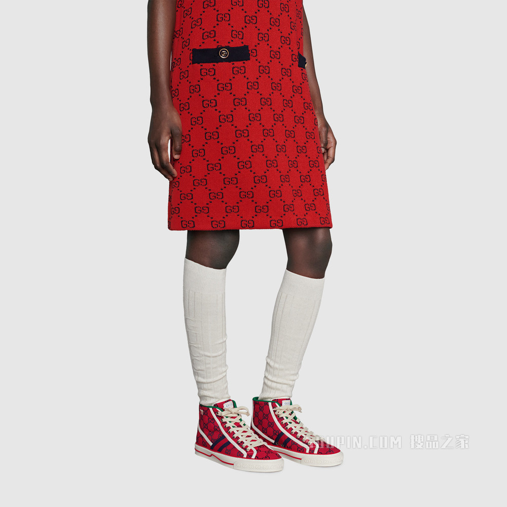 古驰520特别系列Tennis 1977女士高帮运动鞋 红色和蓝色GG帆布