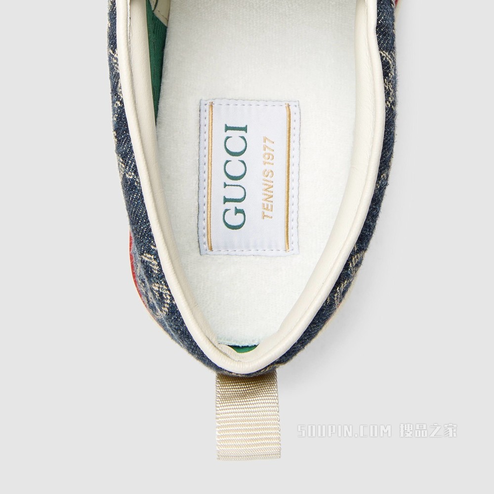 GG Denim系列Tennis 1977女士运动鞋 蓝色和象牙白色双G提花丹宁面料