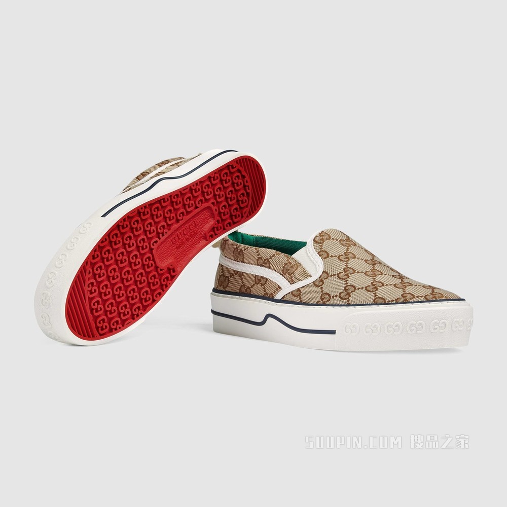 Gucci Tennis 1977系列女士运动便鞋 米色/乌木色GG Supreme帆布
