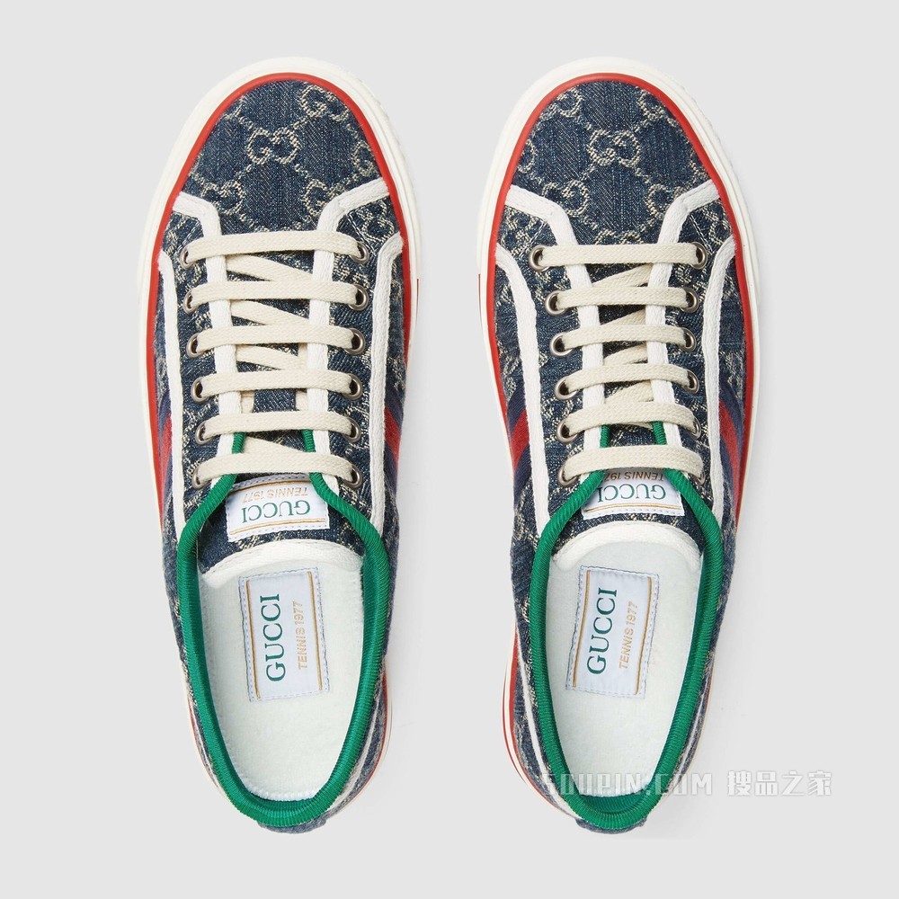 GG Denim系列Tennis 1977系列女士运动鞋 蓝色和象牙白色双G提花丹宁面料