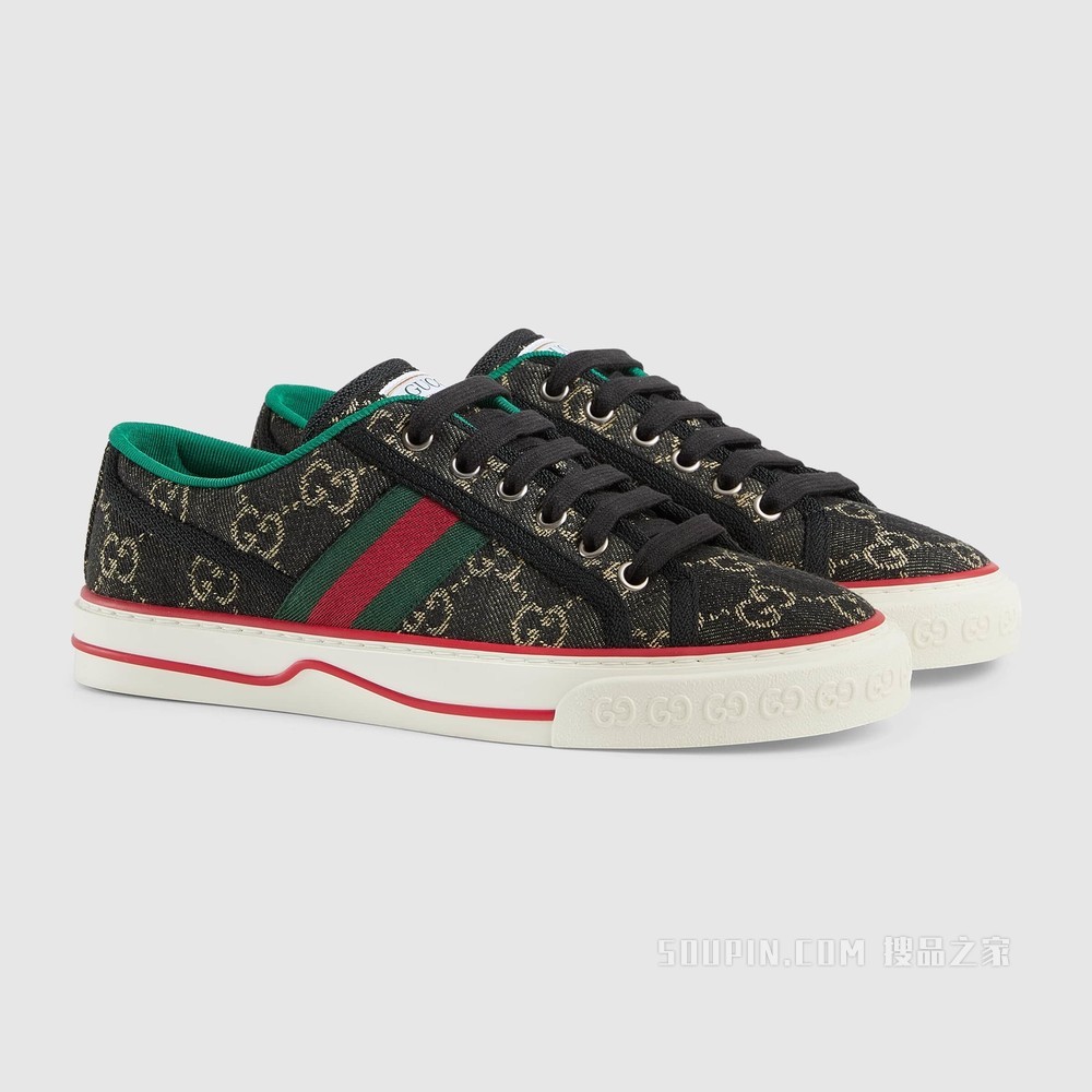 Gucci Tennis 1977系列女士运动鞋 黑色和象牙白色GG丹宁提花面料