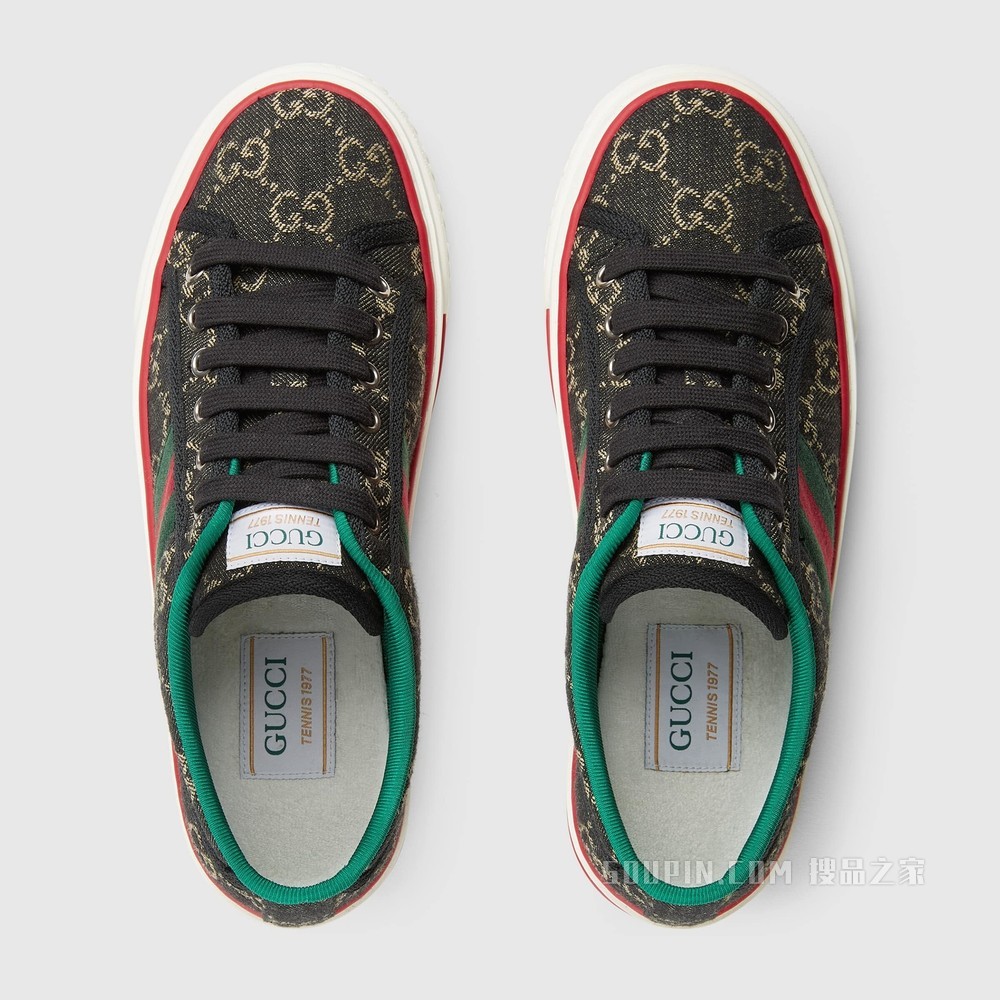 Gucci Tennis 1977系列女士运动鞋 黑色和象牙白色GG丹宁提花面料