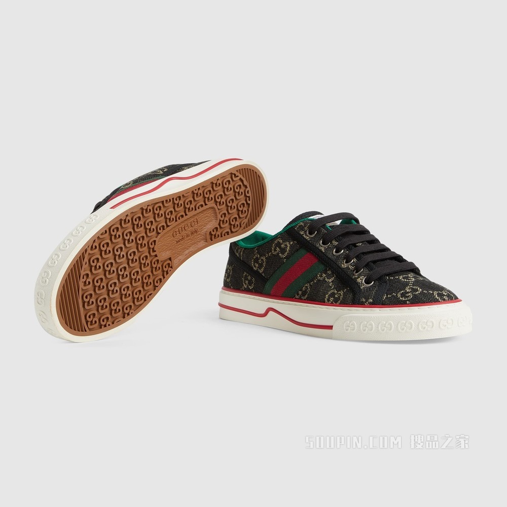 Gucci Tennis 1977系列女士运动鞋 黑色和象牙白色GG丹宁提花面料