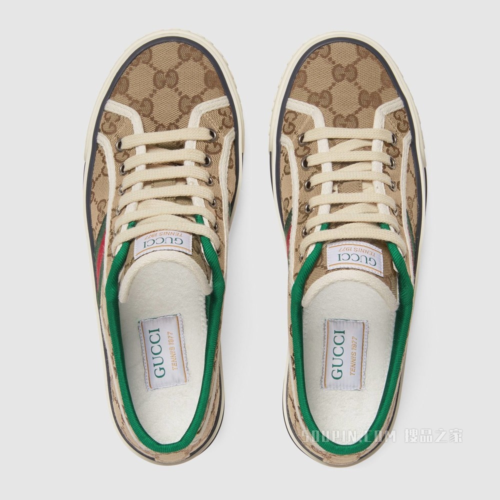 Gucci Tennis 1977系列女士GG运动鞋 米色/乌木色经典GG帆布