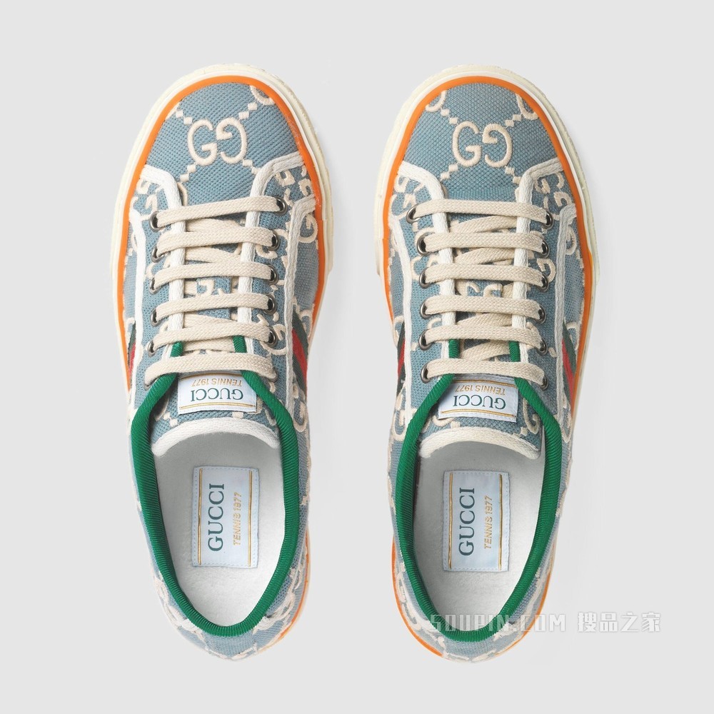 Gucci Tennis 1977系列女士运动鞋 浅蓝色/象牙白GG弹力棉布