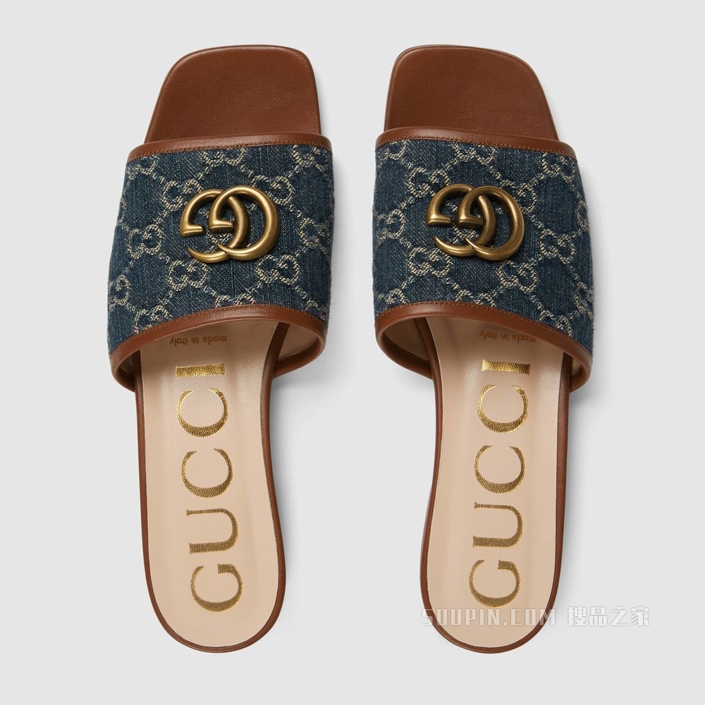 GG Denim系列女士双G凉鞋 蓝色和象牙白色双G提花丹宁面料